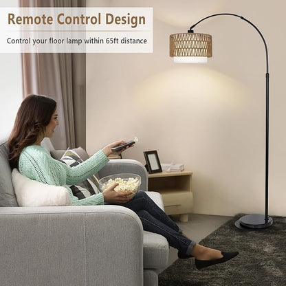 eyassi Arc Floor Lamp with Remote, Modern LED Floor Lamp with Dimmable Bulb, Boho Farmhouse Standing lamp with Fabric & Rattan Lampshades, Height Adjustable Black Tall Lamp for Living Room Bedroom