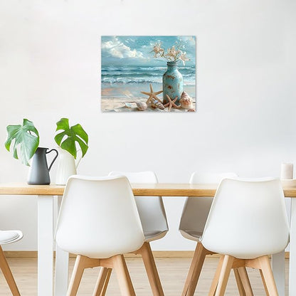LB Beach Coastal Wall Art Starfish with White Flower in Vintage Vase on Teal Beach Wall Art Beach Scene Canvas Wall Decor for Living Room Bedroom Bathroom Office Framed Ready to Hang 12L x 16W
