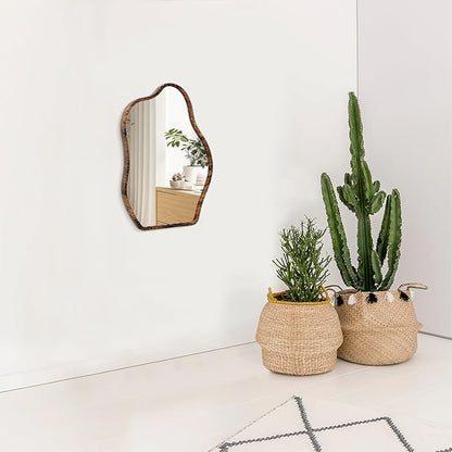Small Asymmetrical Irregular Wall Mirror Wood Frame Mirror Unique Modern Wall-Mounted Artistic Cloud Shape Mirror Decor for Bathroom Bedroom Living Room Entryway Hallway Vanity