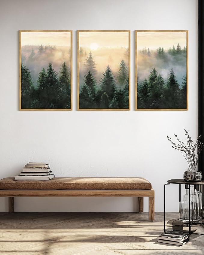 Drsoum Green Fog Pine Tree Landscape Wall Art Framed Nature Misty Nordic Forests Prints Morden Farmhouse Rustic Artwork Hallway Bedroom Ready to Hang 24x36in Natural Framed