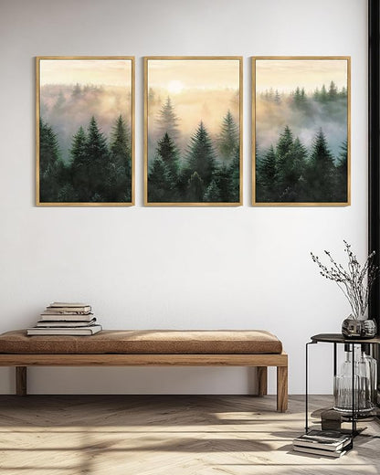 Drsoum Green Fog Pine Tree Landscape Wall Art Framed Nature Misty Nordic Forests Prints Morden Farmhouse Rustic Artwork Hallway Bedroom Ready to Hang 24x36in Natural Framed
