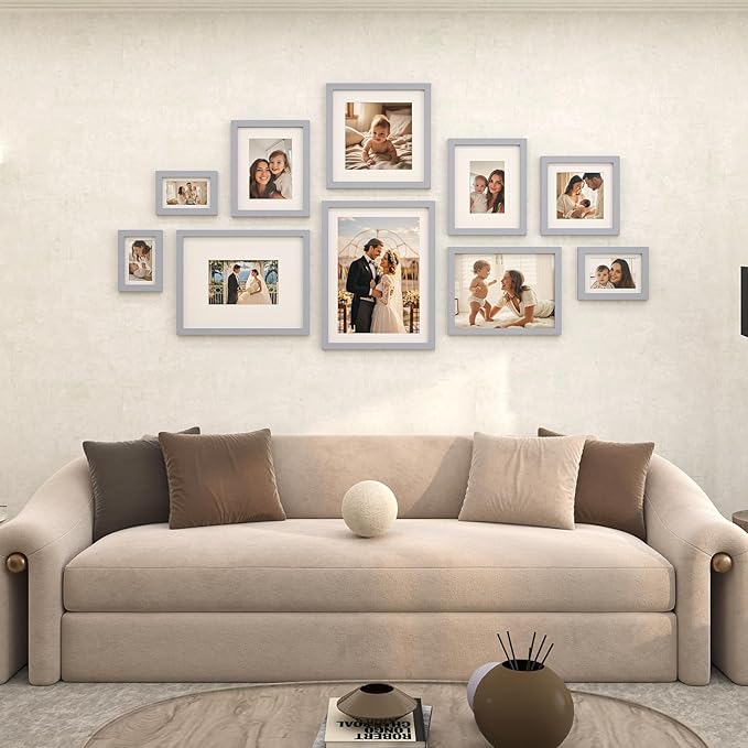 Egofine 8x10 Picture Frames 4 Pack Solid Wood Frames Covered by Plexiglass for Pictures 4x6 or 5x7 with Mat or 8x10 Without Mat, Photo Frames for Table Top and Wall Display, Light Gray