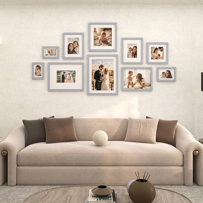 Egofine 11x11 Picture Frames 4 Pack, Display Pictures 4x4 or 8x8 with Mat or 11x11 Without Mat Made of Solid Wood Covered by Plexiglass for Table Top Display and Wall Mounting Photo Frame, Light Gray