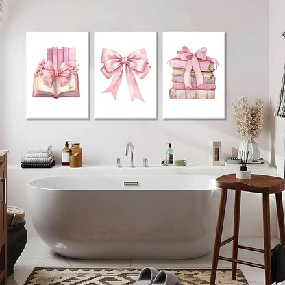 JBZZD Coquette Pink Bow Canvas Wall Art Set of 3,Book Lovers Gifts Preppy Decor Trendy Pink book Posters Pictures Prints Aesthetic for Girls Room College Apartment Living Room Bedroom Framed 12x16 In