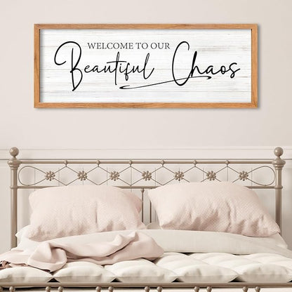 AuraPeak Welcome To Our Beautiful Chaos Sign Home Living Room Wall Decor Modern Family Rustic Farmhouse House Entryway Bedroom Hanging Horizontal Plaque Wall Art (Wood 40"×15")