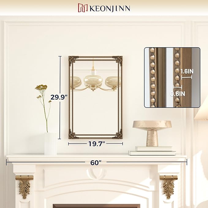 Keonjin Gold Vintage Mirror 20 x 30 Inch, Antique Mirrors Rectangle, Traditional Brass Mantel Decoration, Baroque Style Wall Decor for Hallway, Fireplace, Entryway, Living Room, Anti-Rust, Waterproof