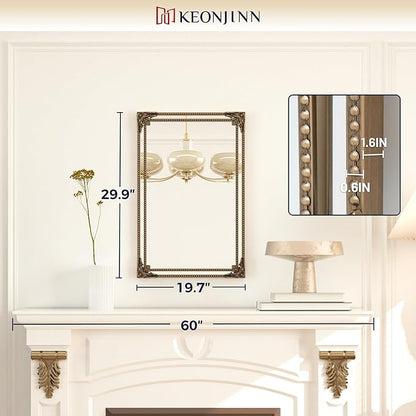 Keonjin Gold Vintage Mirror 20 x 30 Inch, Antique Mirrors Rectangle, Traditional Brass Mantel Decoration, Baroque Style Wall Decor for Hallway, Fireplace, Entryway, Living Room, Anti-Rust, Waterproof