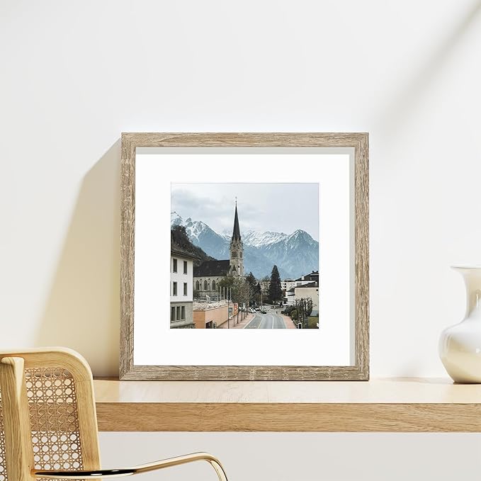 Vittanly 12x12 Picture Frames Set of 9, Display 8x8 Pictures with Mat or 12x12 without Mat, Photo Frames for Wall Mount, Engineered Wood, Light Wood