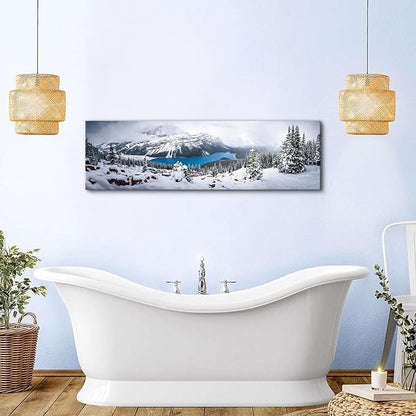 Snow Mountain Canvas Wall Art White Clouds Misty Forest Landscape Prints Picture Wall Decor Winter Tree Blue Lake Scenery Photography Painting Artwork for Living Room Bedroom Office Decoration 14x48"
