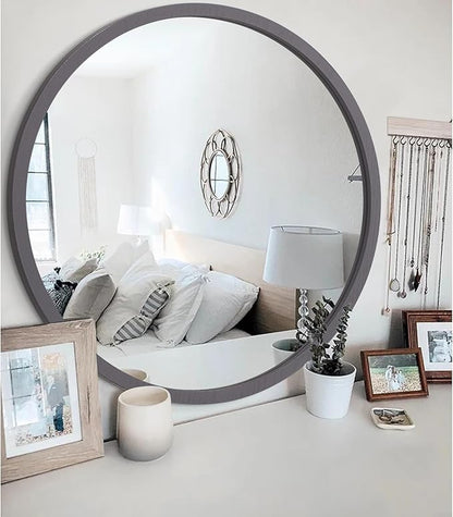 JJUUYOU Large Round Mirrors for Wall Circular Mirror for Bathroom 24 Inch Mirror Wood Framed Round Bathroom Make up Mirrors for Living Room Wall Mounted Bedroom Dorm