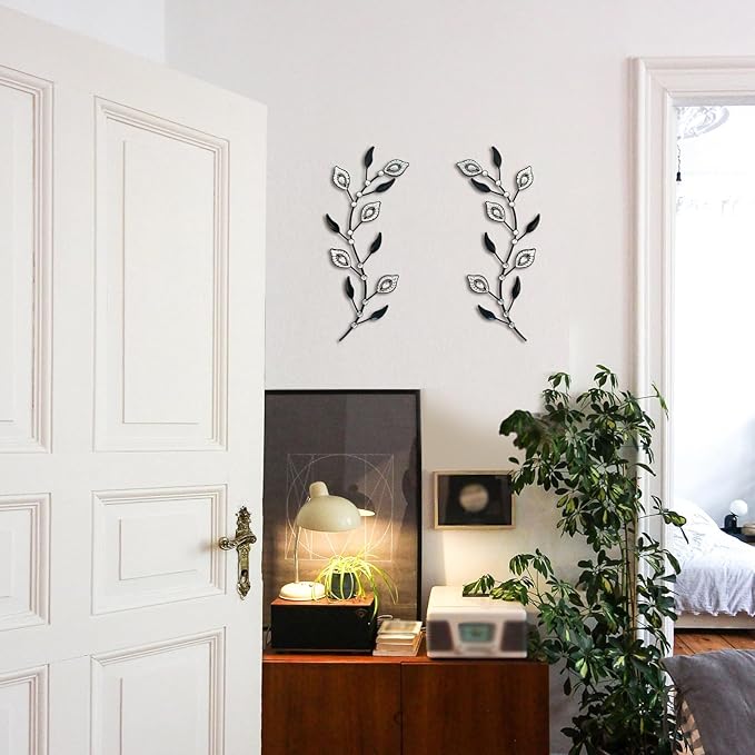 sxnzequnze 2 Sets Leaf Wall Art for Home Metal Bling Rhinestones Ready to Hang Tree Branch Leaves Olive Vine Wrought Iron Hanging Sculpture Pieces Wall Decor Pcs - 16.5in