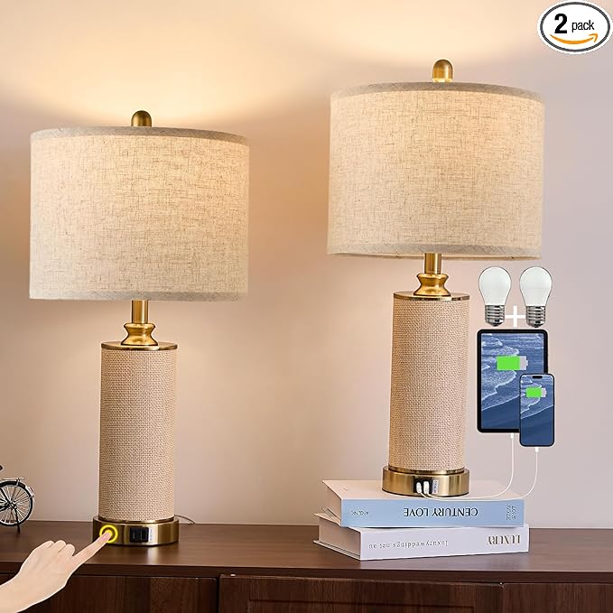 25.5"Boho Weaving Gold Large Table Lamps set of 2, Touch Control 3-Way Dimmable Farmhouse Bedside Lamps with Beige Lamp Shades & USB A+C Charging Ports for Living Room/Bedroom (2 LED Bulbs Included)