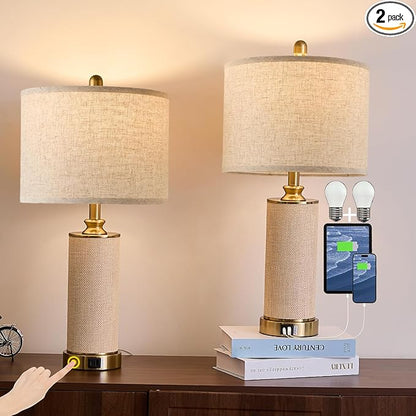 25.5"Boho Weaving Gold Large Table Lamps set of 2, Touch Control 3-Way Dimmable Farmhouse Bedside Lamps with Beige Lamp Shades & USB A+C Charging Ports for Living Room/Bedroom (2 LED Bulbs Included)