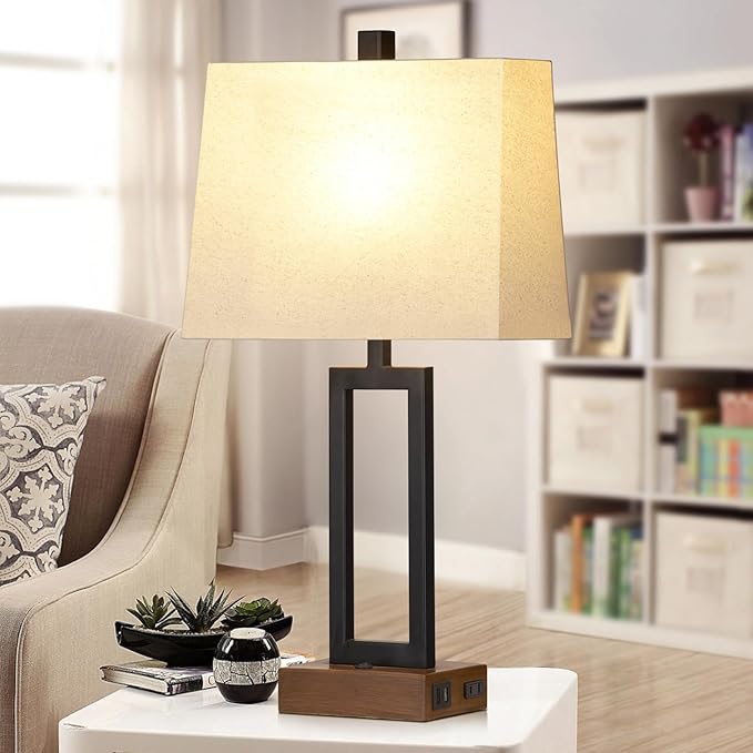 Lolikit Table Lamp for Bedroom Set of 2 with 2 USB Ports and AC Power Outlet, 23.5" Modern Bedside Lamp, Wood Nightstand Lamp with Linen Shade for Living Room Hotel Desk(LED Bulb Included)