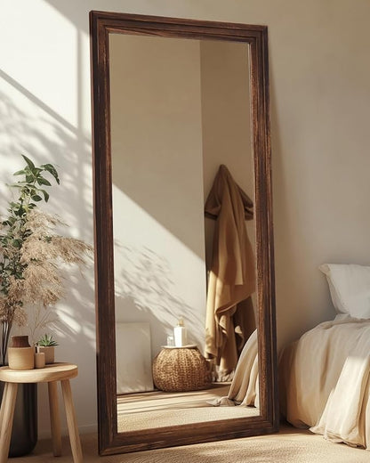Full Length Mirror, 71"x32" Wooden Mirror Full Length with Stand Wood Floor Mirror, Oversized Stand Up Mirrors Large Wall Mirrors, Wall Mounted Mirrors, Rect Wood Style, Walnut