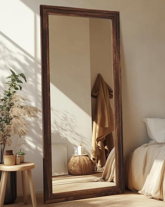Full Length Mirror, 71"x32" Wooden Mirror Full Length with Stand Wood Floor Mirror, Oversized Stand Up Mirrors Large Wall Mirrors, Wall Mounted Mirrors, Rect Wood Style, Walnut
