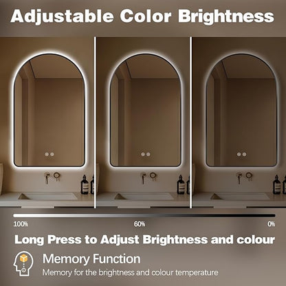 Niccy Arched LED Lighted Bathroom Mirror, 48x30 Inch Backlit Vanity Bathroom Mirror with Lights Brushed Black Framed Wall Mounted Mirrors with 3 Color Shatterproof Arch Smart Fog Free Mirror