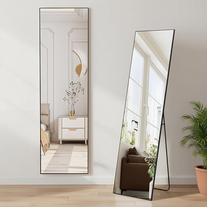 NEWBULIG Mirror Full Length, 56"x15" Body Wall Mirrors with Shatter-Proof Glass, Upgraded Floor Standing Mirror, Hanging or Leaning, with Stand Aluminum Alloy Frame for Home Decor, Bedroom, Black