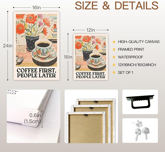 GELDSTEI Framed Retro Coffee Wall Art, Vintage Cafe Wall Decor, Coffee First People Later Canvas Painting, Classical Cafe Bar Poster Print for Kitchen Dining Room Home Office Ready to Hang 12x16 Inch