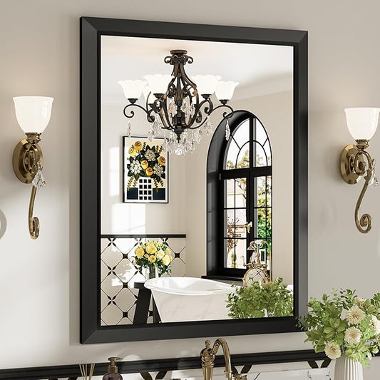 28x36 Inch Black Bathroom Mirror for Wall, Beveled Framed Rectangle Bathroom Vanity Mirrors for Over Sink, Bedroom, Living Room, Entryway, Anti-Rust, HD Tempered Glass, Horizontally/Vertically