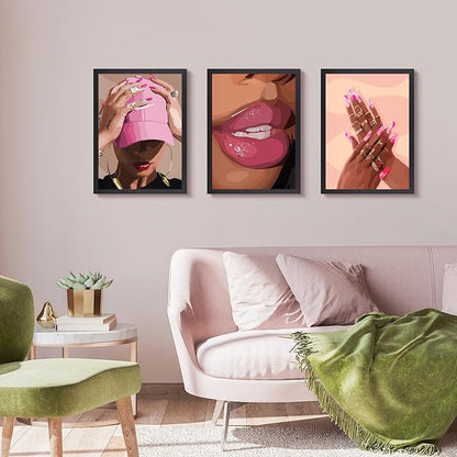 Hianan Fashion Black Girl Canvas Wall Art Modern Trendy African American Black Woman Poster Prints Pink Abstract Black Girl Aesthetic Pictures for Living Room Wood Framed Ready to Hang 12"x16"x3