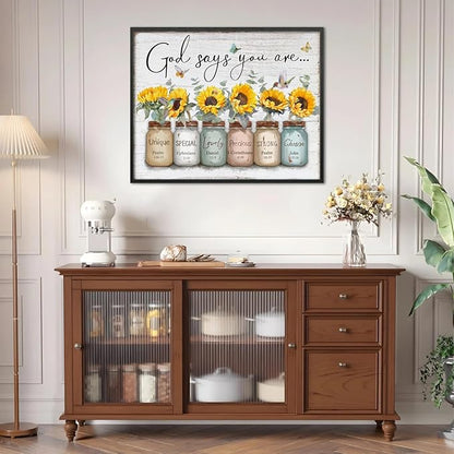 Inspirational Bible Verse Wall Art: God Says You Are Wall Sayings Sunflower in Mason Jar Picture Print Christian Gift Quotes Poster for Women Girl Bedroom Decor 24" x 30"