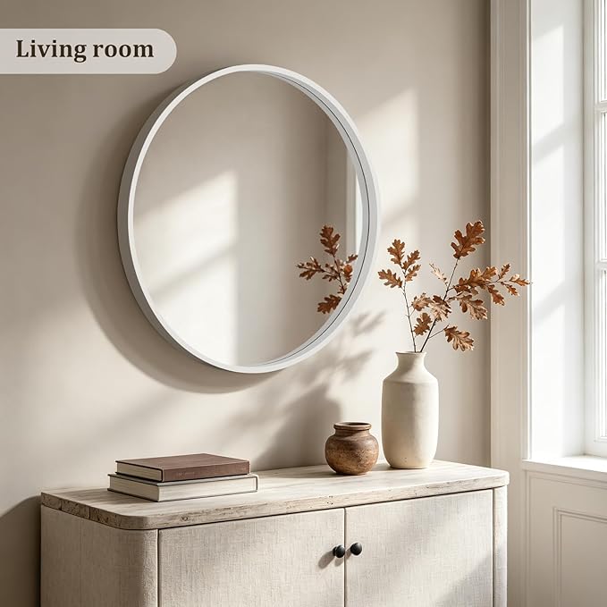 HOMECOOKIN Round Wood Mirror 28 inch Circle Mirror, Rustic Farmhouse Wooden Framed Decorative Wall Decor, Vanity Wall Mirror for Bathroom, Bedroom, Entryway, Living Room (White)