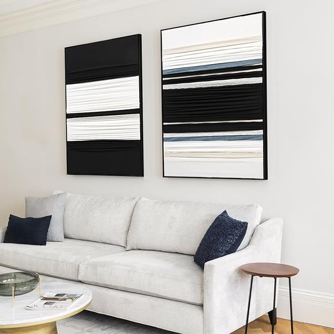 Textured Abstract Fabric Wall Art 3D Canvas Black and White Decor - Dimensional Minimalist Drape Modern Contemporary Living Room Bedroom Office Decor, Framed Set of 2-24"x36" Each - Ready to Hang