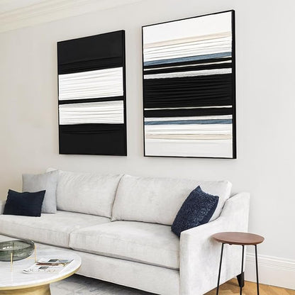 Textured Abstract Fabric Wall Art 3D Canvas Black and White Decor - Dimensional Minimalist Drape Modern Contemporary Living Room Bedroom Office Decor, Framed Set of 2-24"x36" Each - Ready to Hang