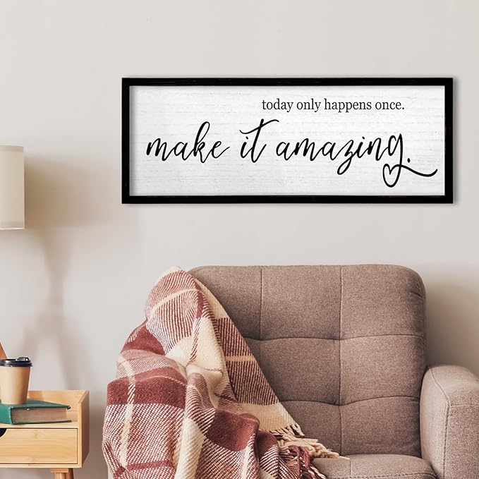 TQianJiang Inspirational Wall Decor Today Only Happens Once Make It Amazing Sign 24"×10" Farmhouse Positive Motivational Quote Wall Art Large for Home Office Living Room Wood Framed Hanging (Black)
