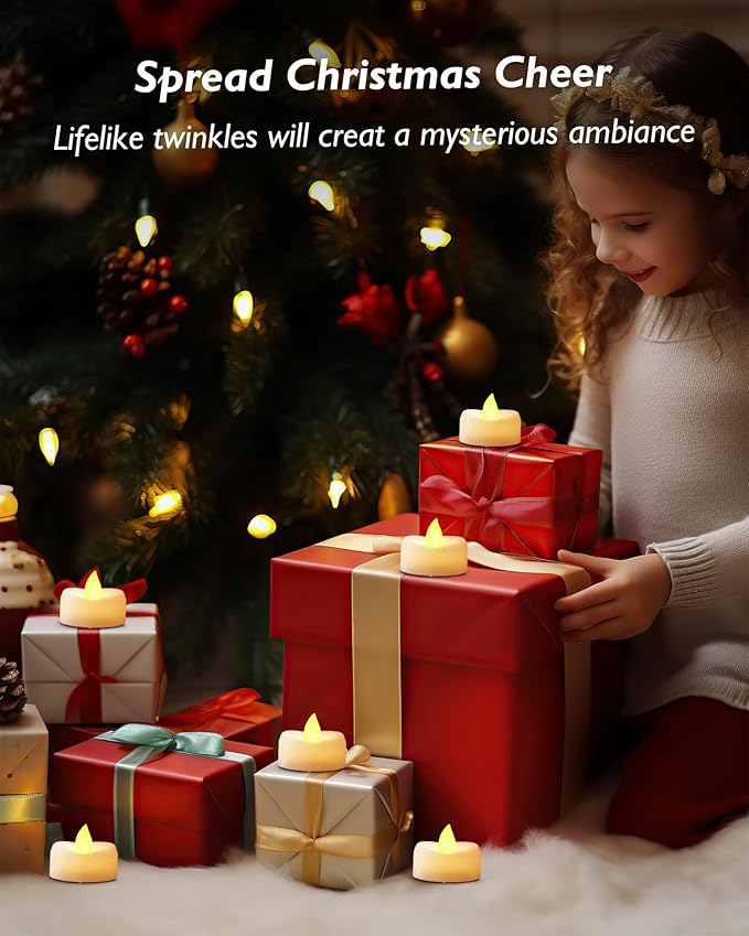 merrynights Flameless Candles, 24Pack Timer Fake Candle, LED Tea Light Candles, Battery Operated Votives with 6 Hours Timer Auto for Halloween Christmas Wedding Decor-1.5'' D X 1.25'' H, Warm Yellow