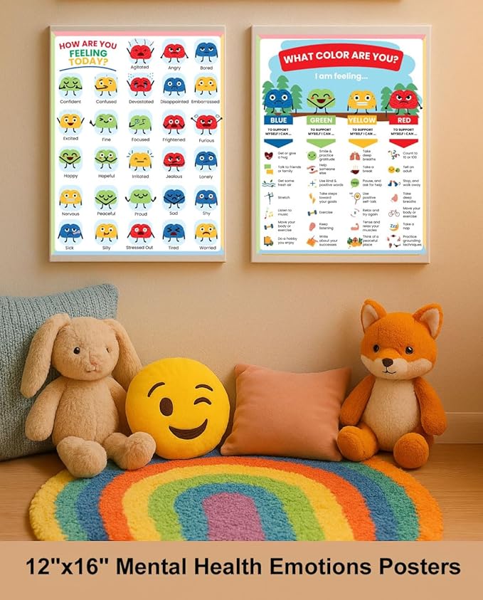 ajdvart Feelings Chart for Kids & Teens - How Are You Feeling Today 2 Posters Set Mental Health Emotions Posters for Therapy, Calm Down Corner, Classroom - Unframed Canvas 12"x16"