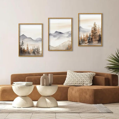 TBKHUDBI Framed Neutral Mountain Wall Art Forest Landscape Canvas Painting Prints Set of 3 Abstract Nature Watercolor Picture Wall Decor for Living Room Bedroom Bathroom Office 16"x24"in