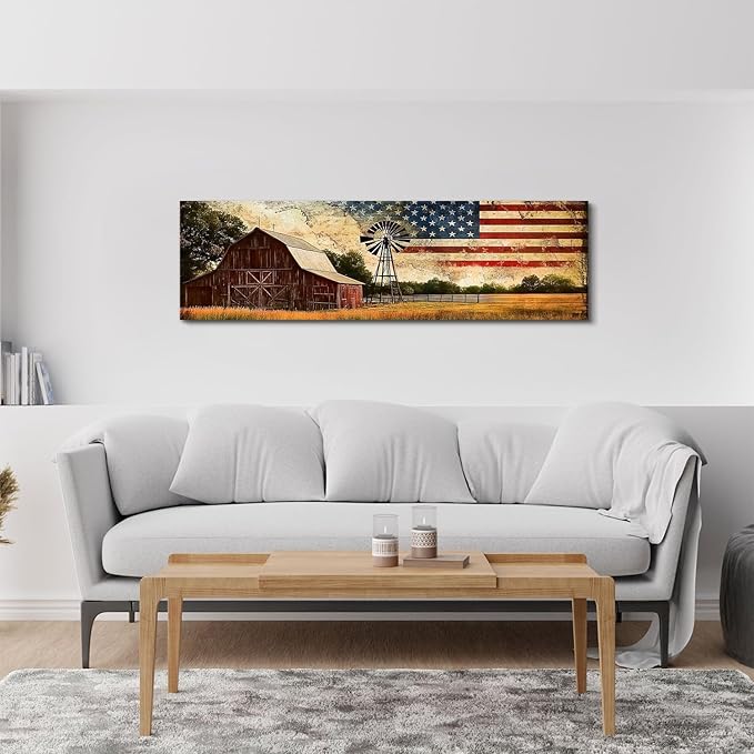 Farmhouse Barn Wall Art Vintage Western Wall Decor Country Windmill Pictures for Kitchen Living Room, Old Barn Landscape Canvas Painting America Flag Poster Prints Artwork Cabin Decoration 14x48”