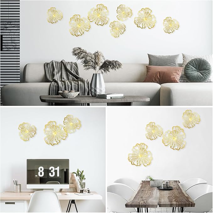 7 Piece Metal Wall Decor for Living Room, Boho Double Layered Iron Flower Wall Hanging Art, Aesthetic Indoor Metal Wall Sculpture Decor for Bedroom Kitchen Bathroom Farmhouse Home Office, Gold