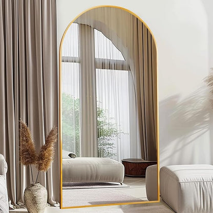 Beauty4U Arched Full Length Mirror 76" x 34", Gold Large Full Body Mirror with Stand, Floor Standing & Wall Mounted HD Tempered Glass Dressing Mirror for Bedroom, Living Room, Entryway
