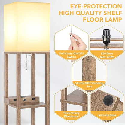 Mlambert Modern Shelf Floor Lamp with Wireless Charger & Fast Charging USB Ports & Type C Port & 2 Power Outlets,3 Tier Storage Lamp for Bedroom(Wood)