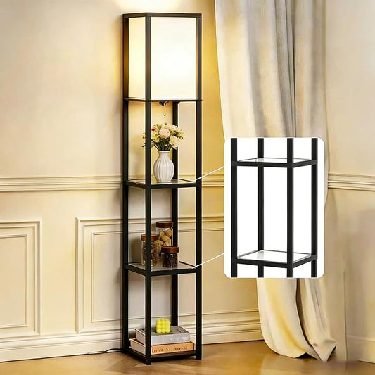 Floor Lamp with Shelves, Modern Square Standing Lamp with Glass Shelves, Corner Display Shelf with Light, Tall Lamp with Shelves for Living Room, Bedroom, Office, Bookshelf, Black