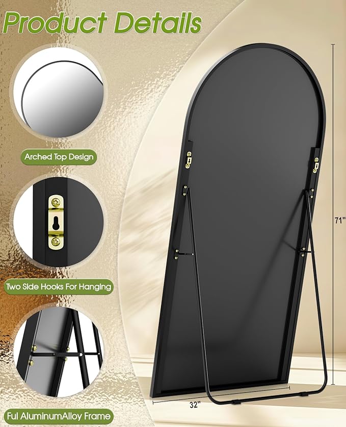 71"x32" Floor Mirror Full Length, Arched Full Length Mirror with Stand, Large Full Body Mirrors for Bedroom Living Room or Cloakroom Black