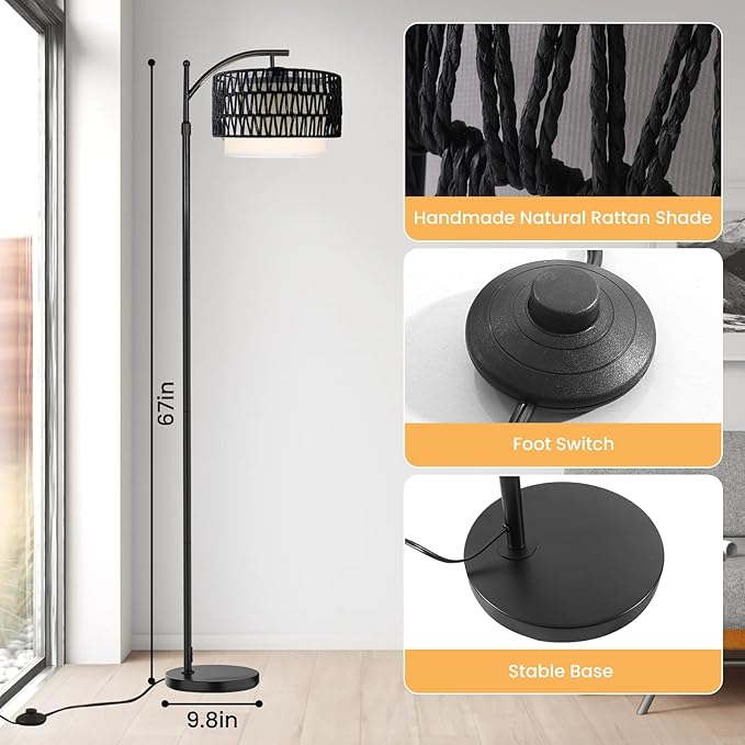 Yusist Arc Floor Lamp for Living Room,Farmhouse Floor Lamps with Remote Control & Dimmable Bulb,Black Rattan Boho Tall Standing Lamp for Bedroom Office