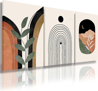 Boho Wall Art Prints Set of 3, Neutral Abstract Geometric Canvas Artwork for Bedroom, Bathroom, Living Room, Office (12x16 Inch x 3 Pieces)