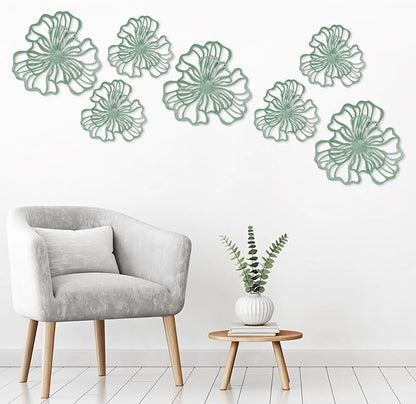 7 Piece Metal Wall Decor for Living Room, Boho Double Layered Iron Flower Wall Hanging Art, Aesthetic Indoor Metal Wall Sculpture Decor for Bedroom Kitchen Bathroom Farmhouse Home Office, Green
