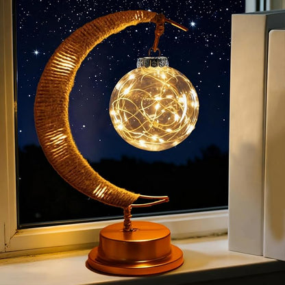 Ramadan Decorative Crescent Moon Table Night Light with Hanging Ball Battery Operated Lighting Suitable for Home Bedroom Shop Dining Holiday Party Eid Festival Lights (HGmoon-Ball)