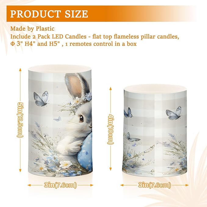 ALAZA Cute Eater Rabbit Bunny Flower Flickering Flameless Candles Battery Operated with Remote Timer,Tea Light Candles LED Pillar Votive Candles Set of 2 for Outdoor Indoor Decorations