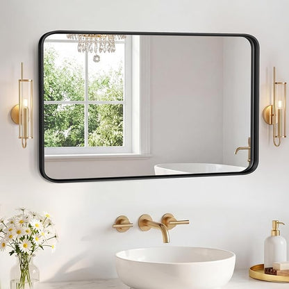 OLIXIS Bathroom Mirror for Over Sink, 30x40 Inch Wall Rounded Rectangle Mirror with Matte Metal Framed, Modern Wall Mount Vanity Mirror for Home Decor, Living Room, Bedroom, Black