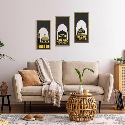 KAIRNE Eid al-Fitr Wooden Wall Art,3pcs 8”X16” Islamic Festival Decorations,Muslim Home Hanging Decor,Framed Mosque Wall Sculptures,Eid Ramadan Kareem Decoration,Rustic Religious Artwork Gift for Friend Family Living Room Bedroom Decor