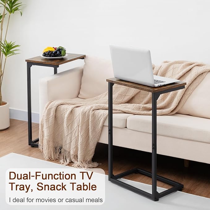 AMHANCIBLE C Shaped End Tables Set of 2, Couch Side Tables that Slide Under Sofa, TV Trays for Living Room, Bedroom, Small Space, Rustic Brown, HET02BBR