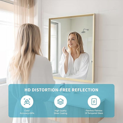 Oak Wood Effect Framed Wall Mirror, 24x32 Rectangle Mirror, 1/8" Anti-desilvering Tempered Glass, Sustainable& Sturdy Frame, Anti-Rust, HD Reflection &3min Fast Setup for Bathroom Living Room