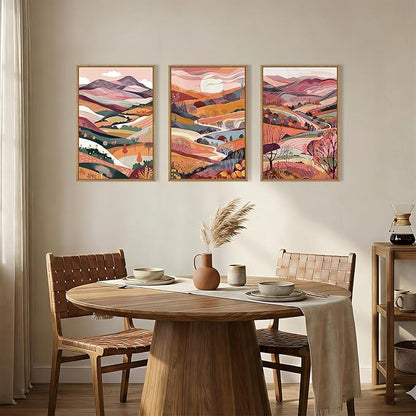 KAIRNE Boho Colorful Mountain Framed Canvas Wall Art Set,Abstract Pink Landscape Wall Decor,Watercolor Forest Art Prints,Nature Scenery Artwork for Living Room,Bedroom,Farmhouse,Office-16 x24 x3