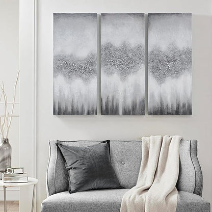 Madison Park Wall Art Living Room Décor - Embellished Hand Painted Canvas, Home Accent Glitter Abstract Bathroom Decoration Ready to Hang Painting for Bedroom, 15"W x 35"H x 1.5"D, Grey 3 Piece